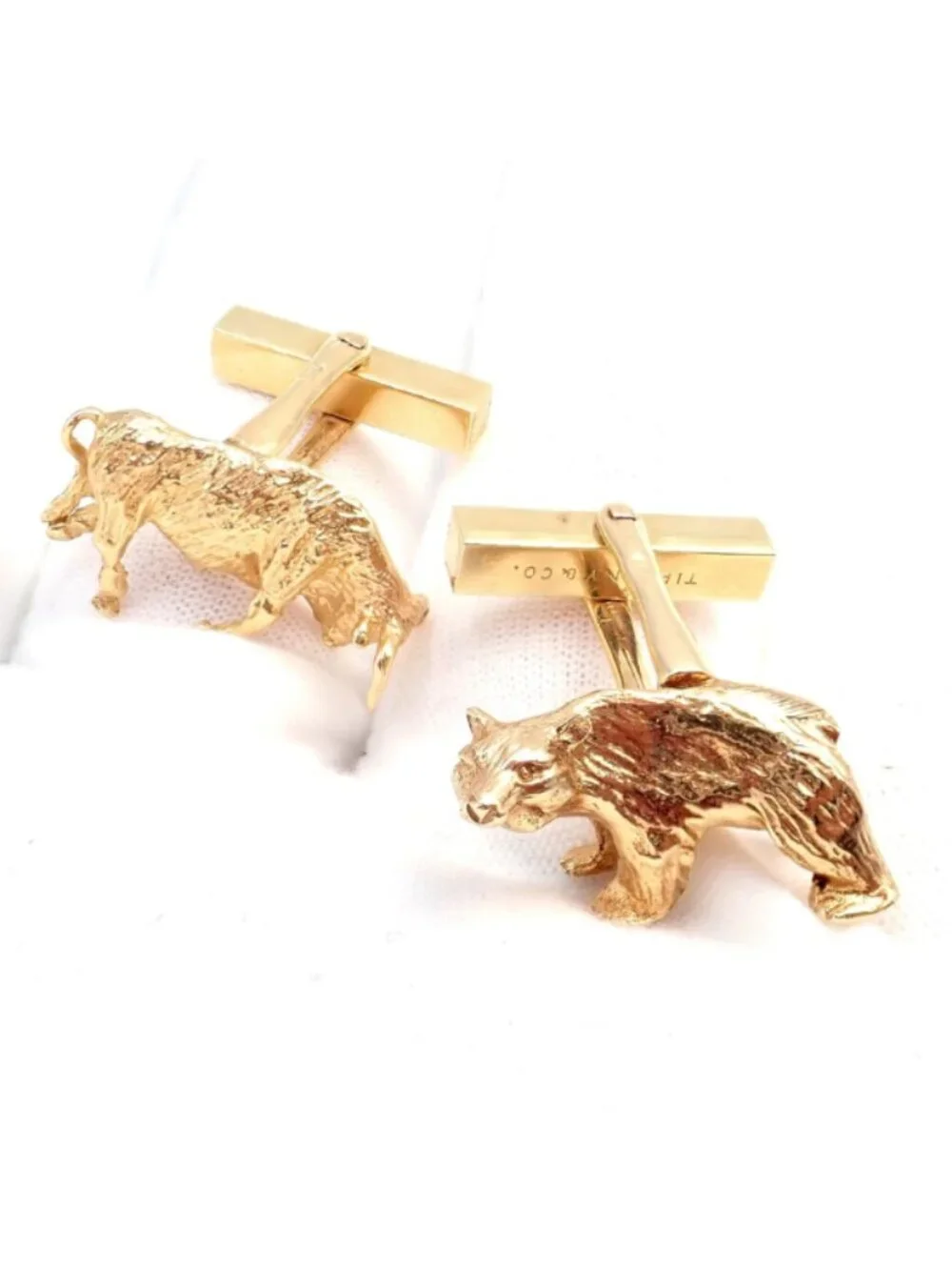 Rare! Vintage Tiffany & Co. 14k Yellow Gold Stock Market Bull Bear Cufflinks